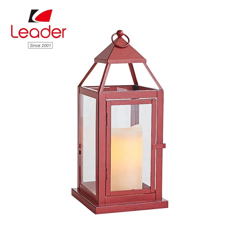 Garden Decorative LED Lantern Battery Powered Candles Lanterns Red Metal Lantern