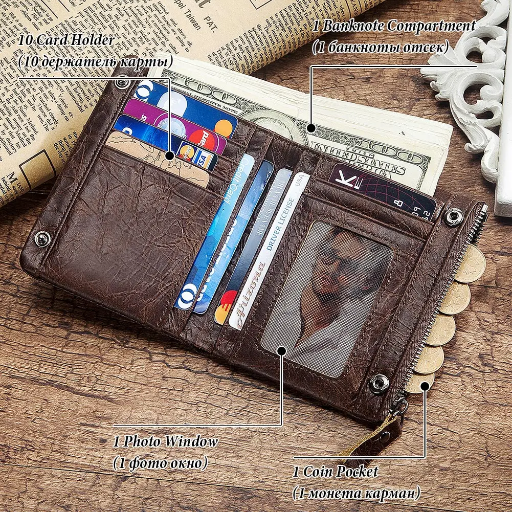 TS Customized Classic Double Fold Original Natual Leather Wallet for Men RFID Card Holder Purse with ID Window Clutch