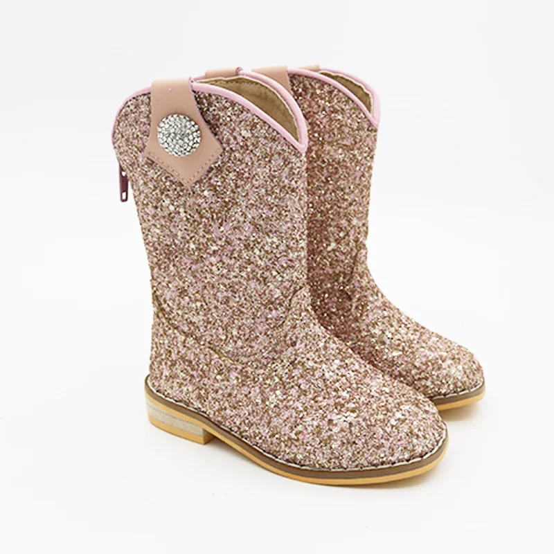 Hot sale shiny girls casual cowboy boots high quality fashion kids leather boots