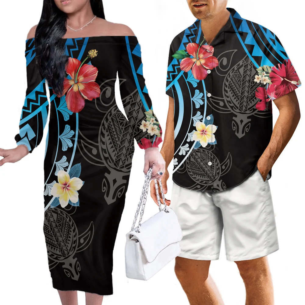 Hawaii Design Tribes Couple Outfit Plumeria Pattern Sublimation print Custom Women Long Sleeve Dress Bodycon mens Island shirt