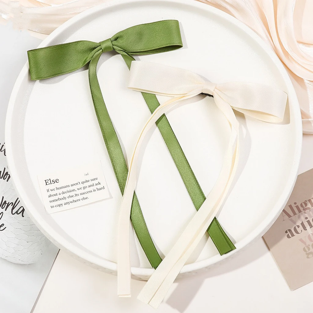 New Korean Hot Selling Sweet Girls Braided Ribbon Bow Hair Clips Elegant Solid Color Long Ribbon Hair Bow Duck Bill Hair Clips