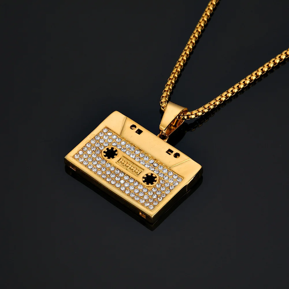 Hip Hop Designer Vintage Rock Cassette Records Waterproof Tarnish Free Stainless Steel Jewelry Pendant Necklaces Man Men Male