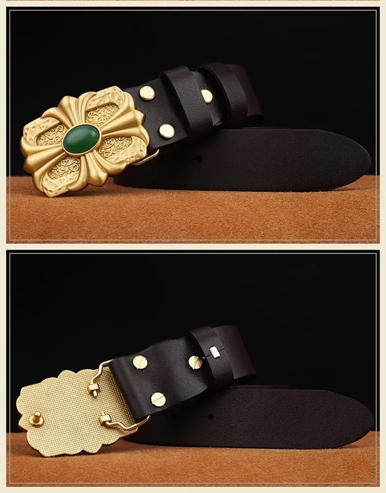 40mm inner width solid brass 3D embossed flower design green agate stone western name plate belt buckle