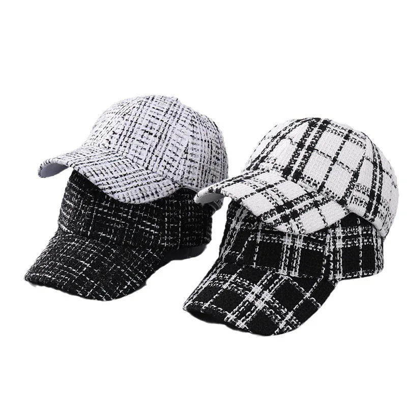 Autumn Winter Female Baseball Cap Cross Border Japanese Art Retro Small Fragrance Duck Tongue Hat Black White Thousand Bird Grid