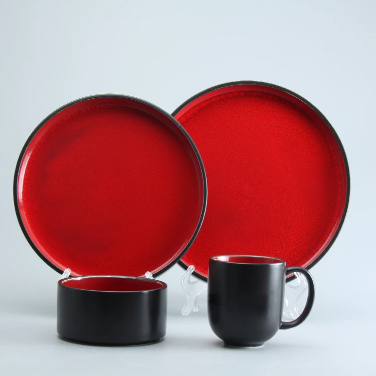 Hot Selling 16 Pieces Vintage Red Black Two Tone Color Restaurant Household Dining Plate Set Ceramic Tableware Dinnerware