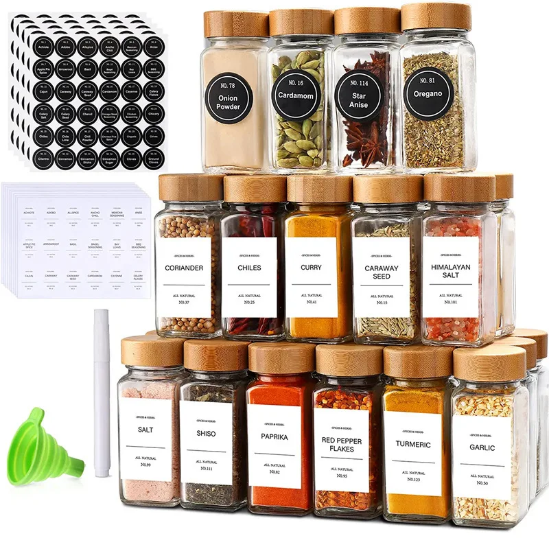 In-Stock 120ml Glass Spice Jar with Bamboo Lid 4oz Square Shaker Bottle Wooden Lid Steel Household Kitchen Storage Jar Food Use