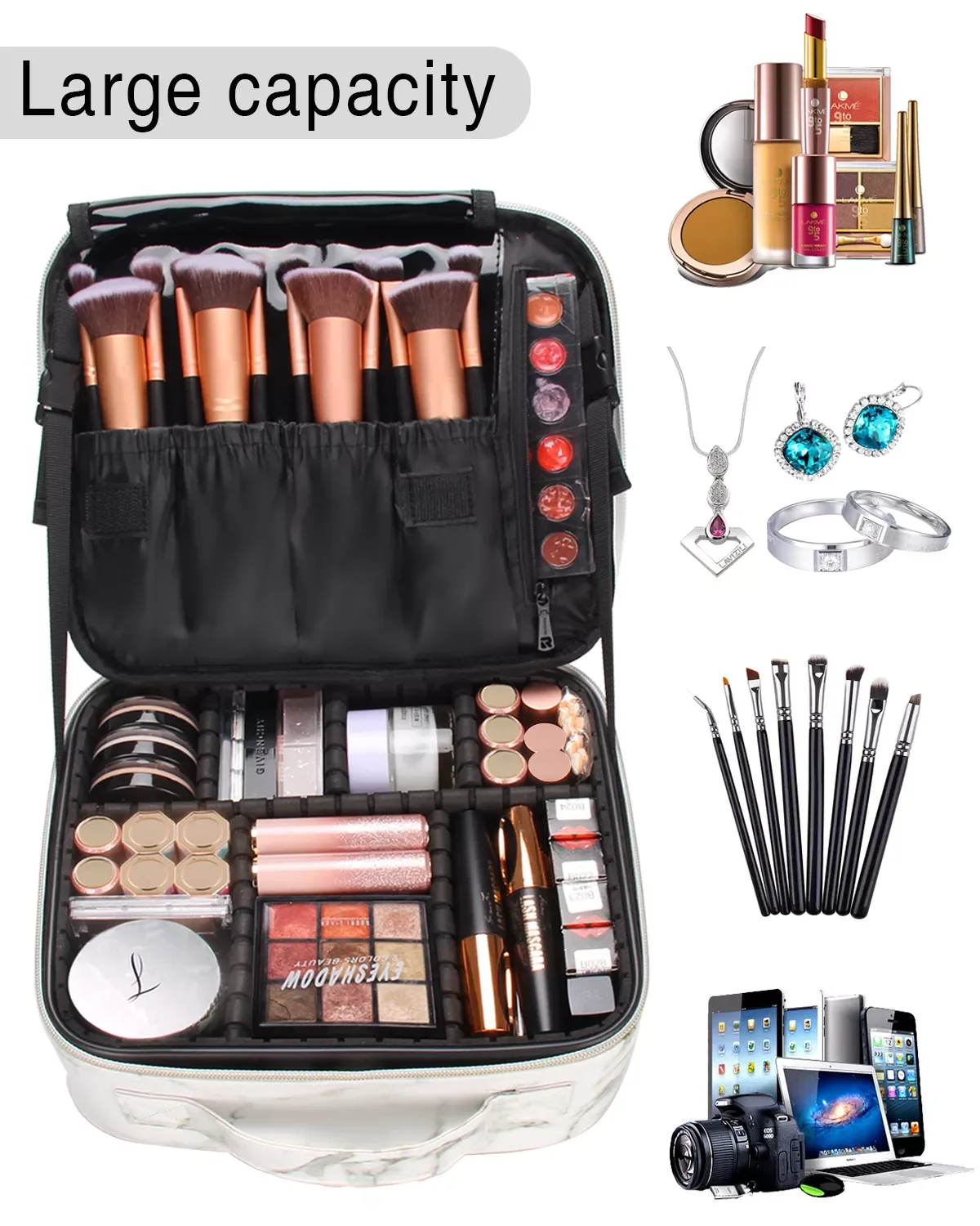 Relavel Professional Marble with Adjustable Dividers Cosmetic Case Brush Organizer Portable Waterproof  Makeup Case Bag