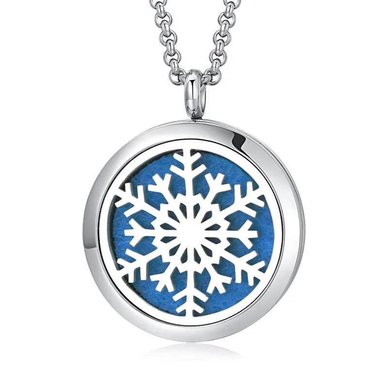 Stainless steel Snow flake shape  aromatherapy pendant 316L Titanium steel oil magnetic perfume necklace
