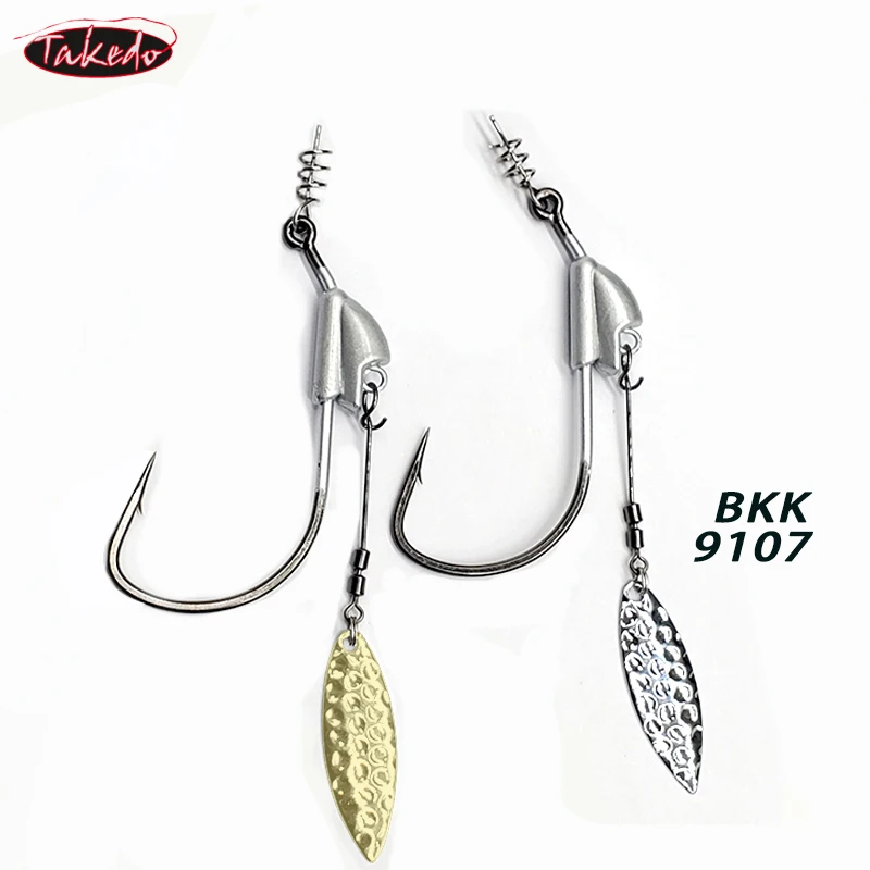 TAKEDO 2PCS 1/0 3/0 5/0 BKK 9107 Jig Head Fishing Hooks Soft Worm Crank Fishing Hook With Spoon Spinner For Bass