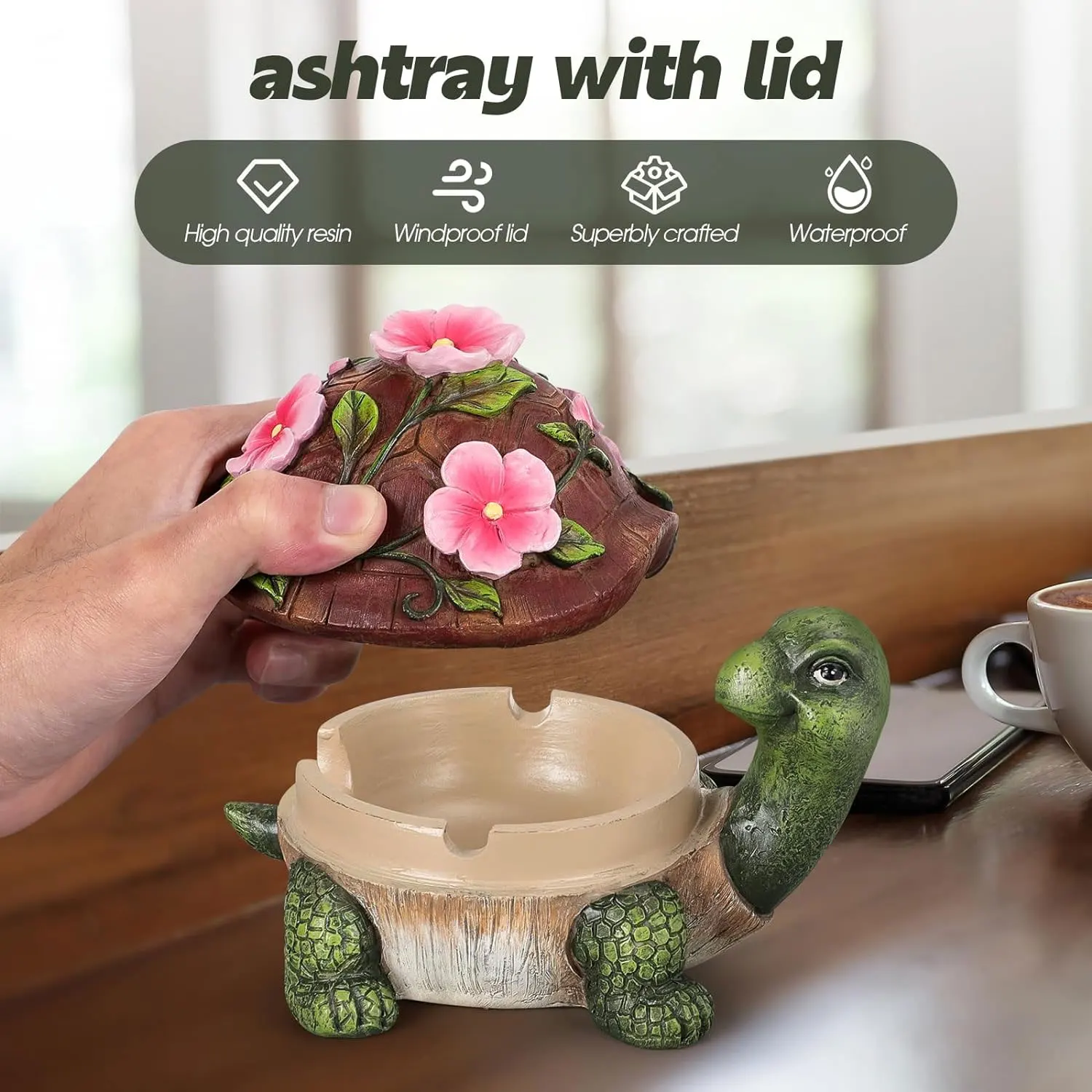 Home Office Porch Patio Decorations Waterproof Ash Tray Personal Funny Resin Turtle Ashtray with Lid