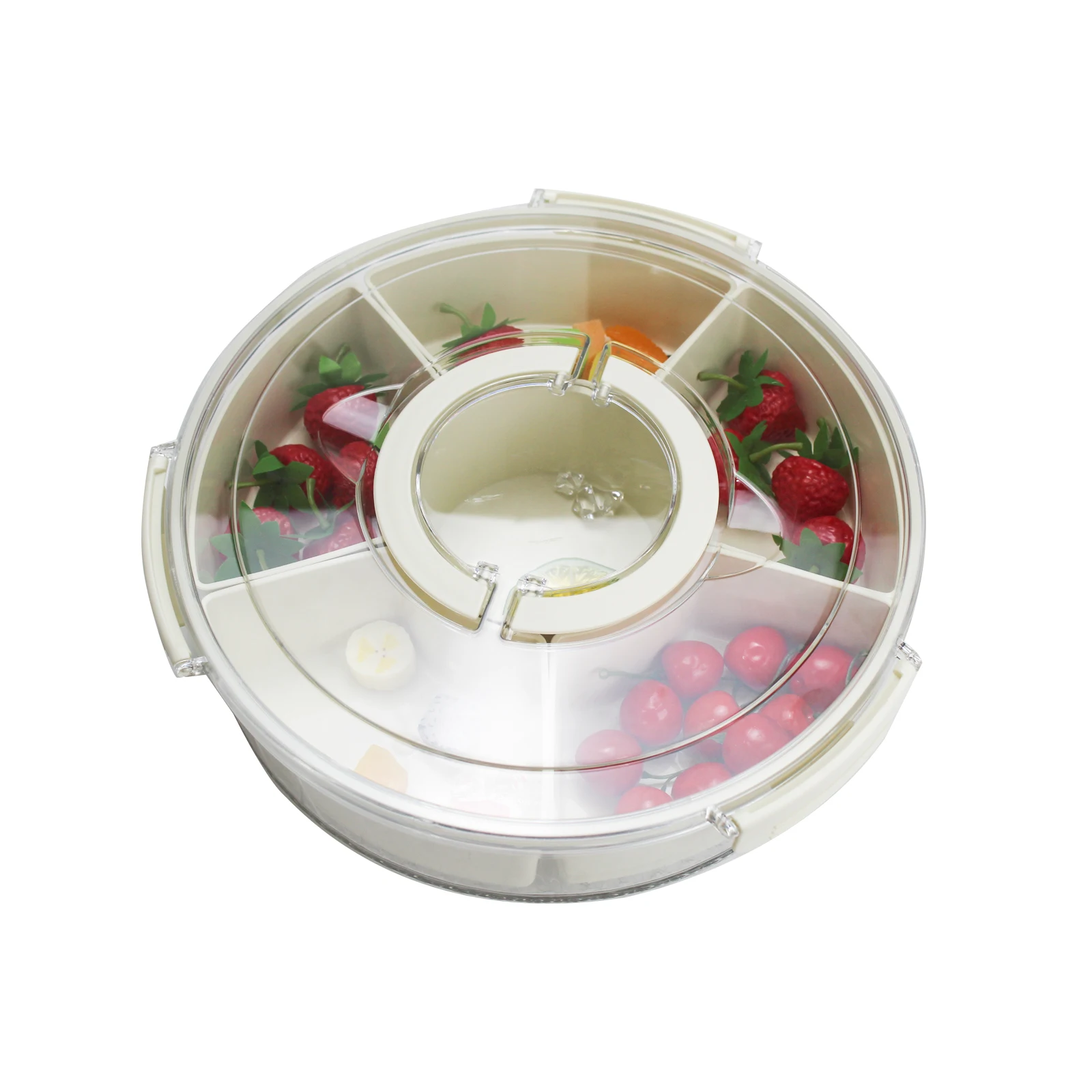 Round Divided Veggie Serving Tray With Lid And Handle Portable 6 Compartment Fresh Keeping Food Storage Snack Box Container
