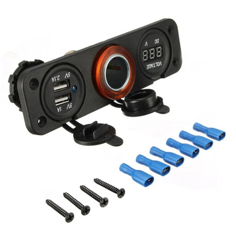 3 port motorcycle motorbike dual usb car charger LED digital voltmeter socket splitter cigarette lighter for Phones/Car/Boat