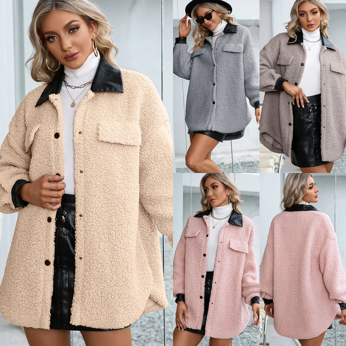 Winter Long Ladies Sherpa Leather Collar Coat Fleece Fuzzy Faux Shearling Button Outwear Windbreaker Trench Coat