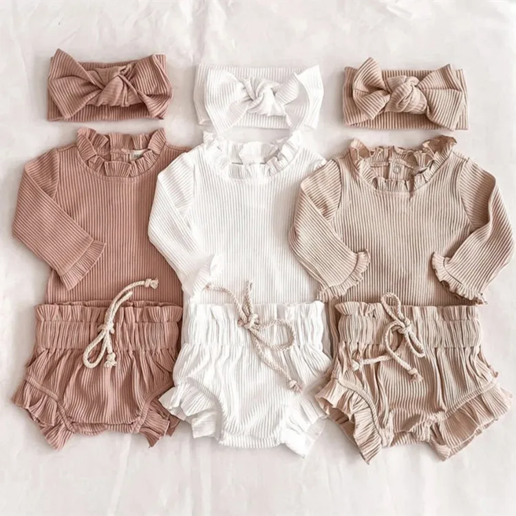 Newborn Baby Girl Clothes Set Solid Lace Ruffles Sleeve Backless Tops toddler Shorts Outfits set baby clothes set 100% cotton