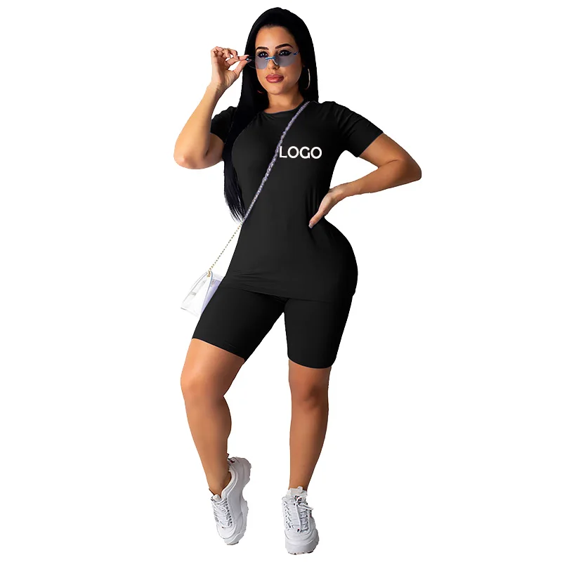 Summer Women Clothing Custom Logo Solid Color Short Sleeve Tee Shorts Set Sportswear Women Two Piece Set