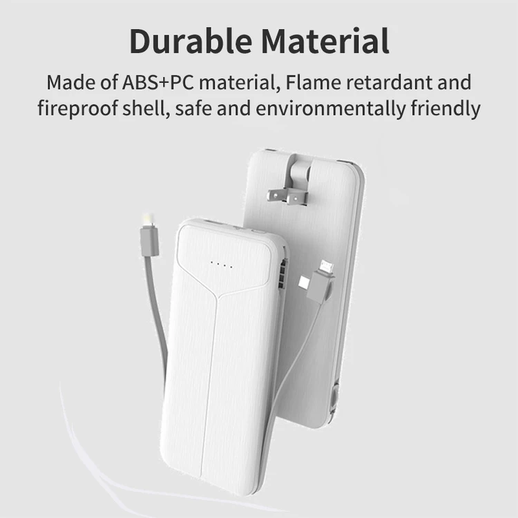 Portable Slim 10000mAh Charger Built-in Charging Cables External Battery Power Bank With AC Wall Plug