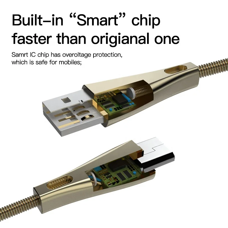 2.4A Spring USB Cable MOXOM CC31 Charging Cable 100cm Silver Zinc Alloy Micro USB C Phone Cable for iphone