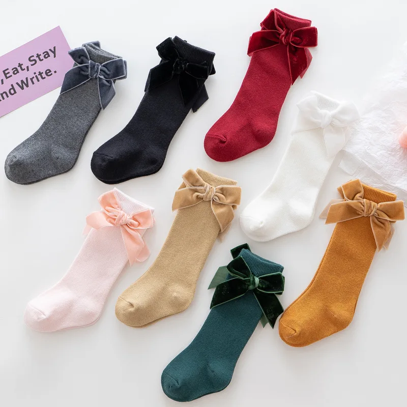 2021 Autumn Winter Baby Girl Socks Spanish Style Newborn Knitted Cotton Knee High Socks Velvet Bow Kids Princess Socks