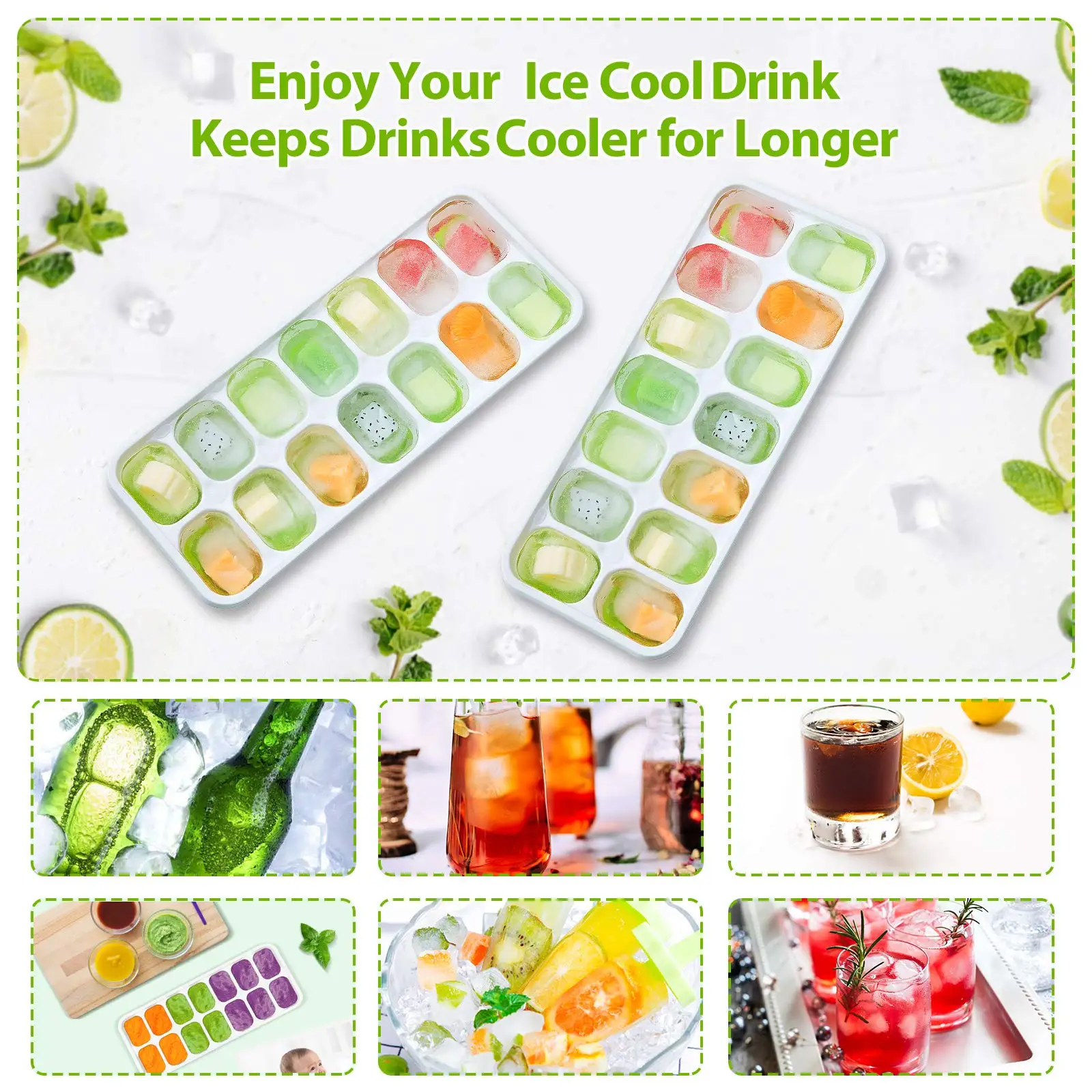 DUMO 14 Cavity Ice Cube Tray with Covers Mold Easy Release Silicone for Cocktail Freezer Stackable Ice Trays Mold Summer