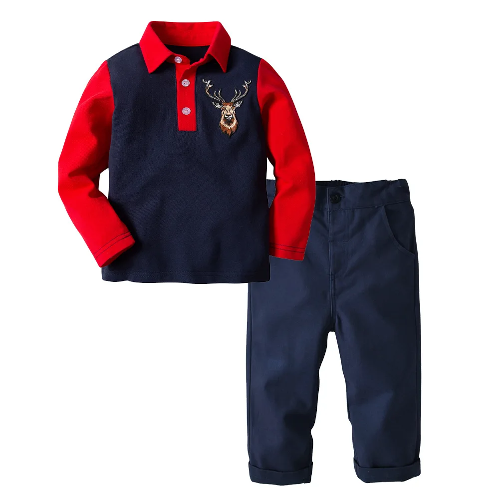 19B438  Children Wholesale Manufacturer Direct Selling England Style 2 pcs Boys 100% Cotton Boy Clothes Set Daily Wear