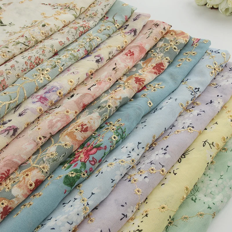 ZSY Embroidery Chiffon Fabric Floral Print Embroidered Chiffon Fabric For Dress Making