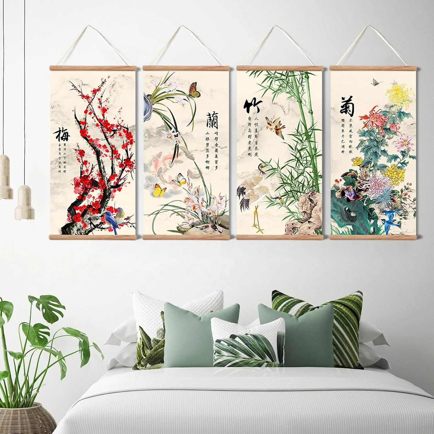 Chinese Traditional Plum Blossom Chrysanthemum Bamboo Orchid Painting Wooden Hanging Wall Art Scroll Decoration for Room