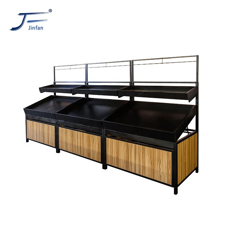 Индивидуальное деревянное одностороннее настенное украшение из нержавеющей стали витрина для овощей и фруктов дизайн полки супермаркета магазина