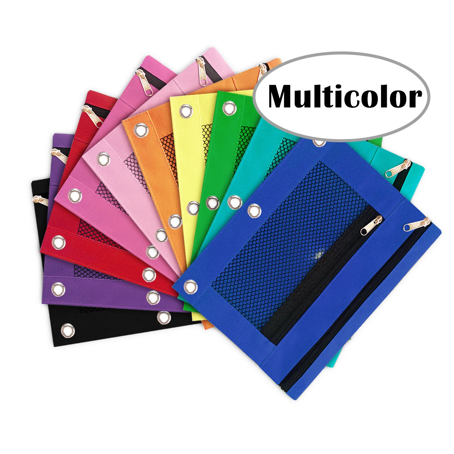 Zipper personalized double-layer solid colorful 600D Oxford mesh pencil pouch for 3 ring binder Cosmetic stationery bag Black