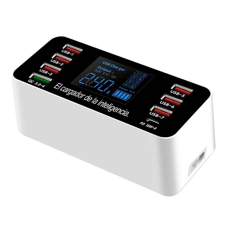 8 портов Smart USB зарядная станция с жидкокристаллическим цифровым дисплеем (60 Вт многопортовое зарядное устройство для смарт-телефонов и планшетных ПК AU EU US