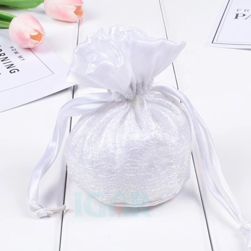 Festival white lace round bottom drawstring bags  Silk Brocade Jewelry Pouch Bag, Drawstring Coin Purse, Gift Bags