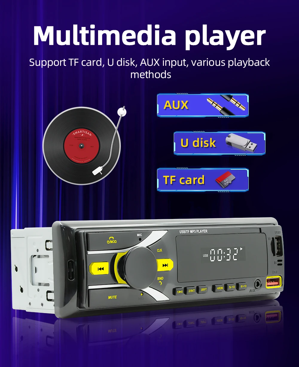 BQCC 1 din 12V Car Radio AUX-in BT FM Receiver AI Voice Autoradio APP Locate Variable Lights Car MP3 Music Playback  D3107