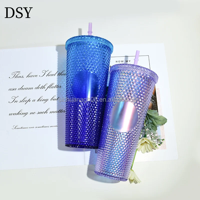 DSY BPA FREE 24oz Coffee Mug Double Wall Plastic Acrylic Shiny Matte Snow globe Studded Cups Tumbler with Straw and