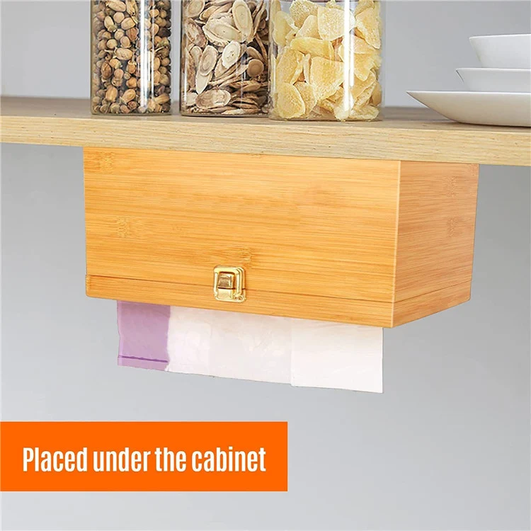 Private Label Bamboo Wall Mounted Kitchen Trash Bag Dispenser Garbage Bag Holder Trash Bag Organizer