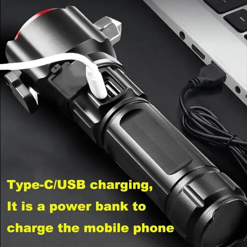 Super bright Waterproof Zoom Torches Light Linterna Multifunction USB-C Long Range Survival Powerful LED Flashlight Rechargeable