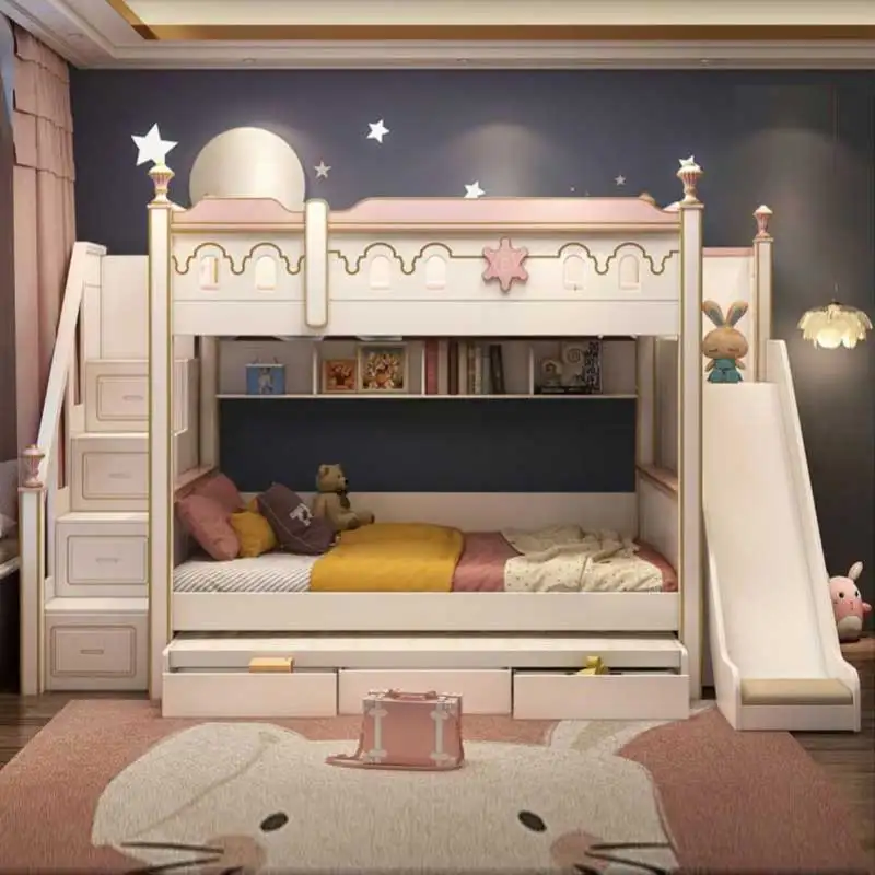Modern White Wooden Princess Castle Girls Children Bed Home Furniture Bedroom Wood Luxury Double Kids Bunk Bed With Slide