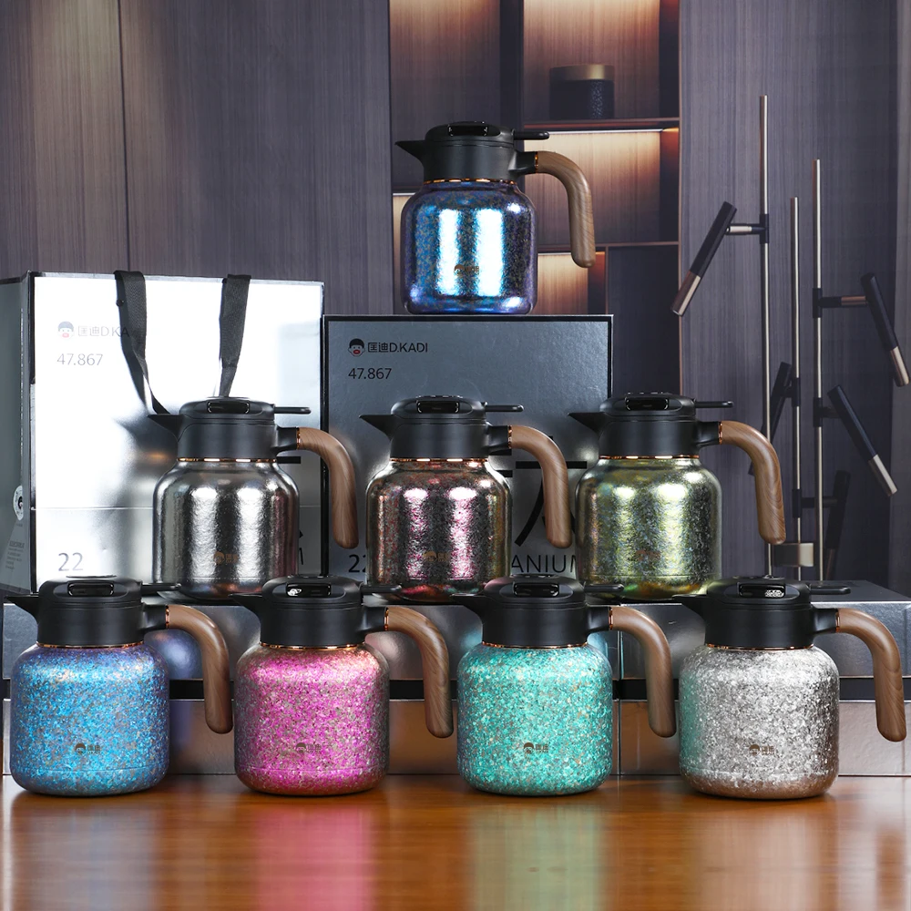 DKADI Ti Cup 1.6L Thermal Coffee Tea Pot Titanium Double Wall Vacuum Insulated Cool Touch Handle Hot/Cold Large Thermos Presents