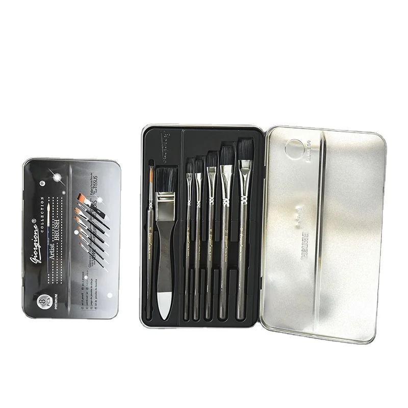 Giorgione 7Pcs Fine Animal Hair Wooden Hair Artist Paint Brush set with Tin box package