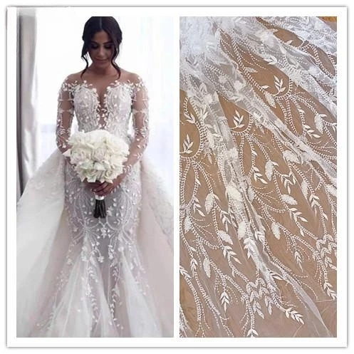 New Style Beaded Shiny Bridal Lace Fabric white Flowers, Branches and Leaves Sequined Mesh Embroidery Fabric