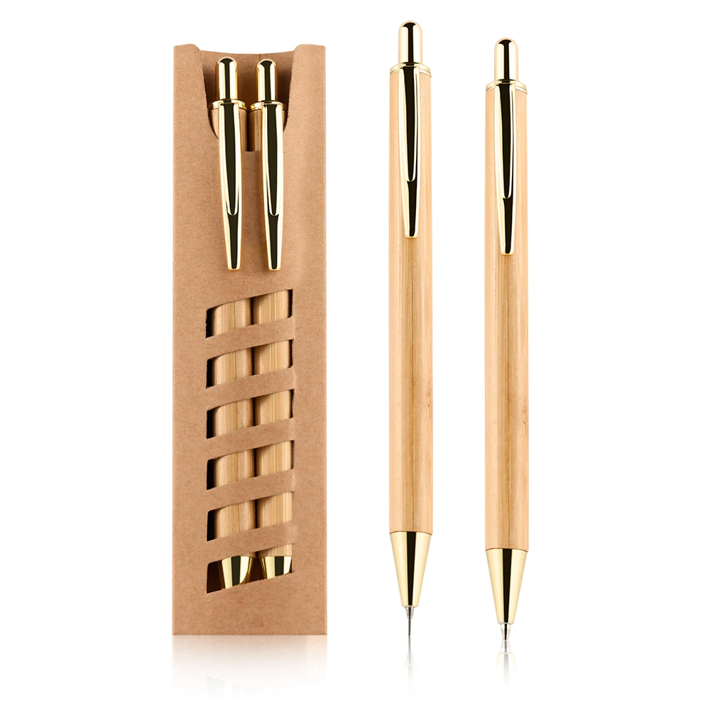 wholesale custom logo eco friendly Bamboo ball point pens with recycled Kraft card pouch gift pen sets