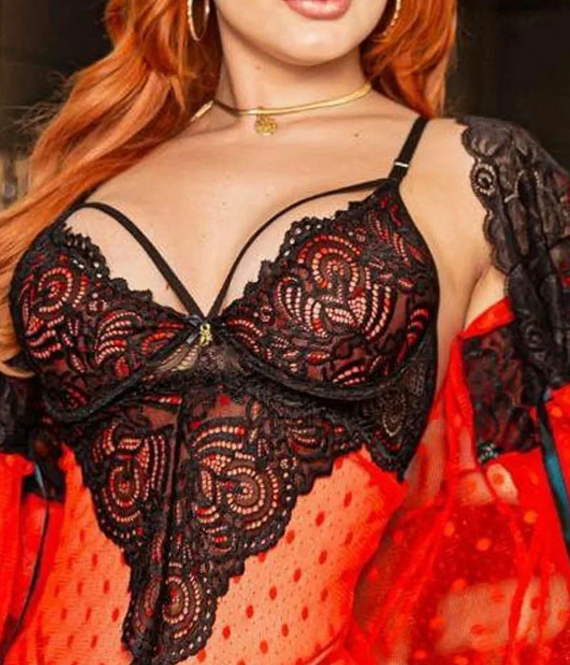 New Arrivals Deep v-Neck Dot Printing Erotic Nightdress Sheer Womens Skirts Set Sexy Lingeries Set With Thongs