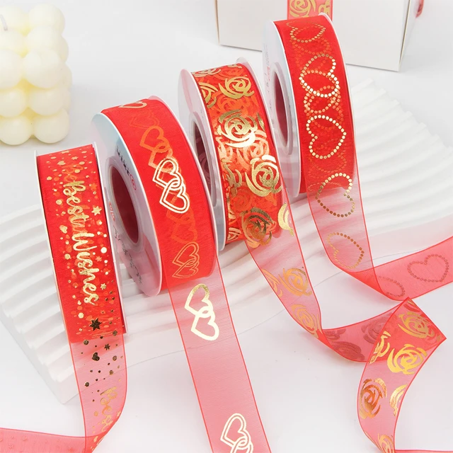 2.5cm 1inches 20yards Red Printed love Heart Gold Foil Organza Gift Satin Ribbons Sari Silk Packaging Decor Customized Valentine