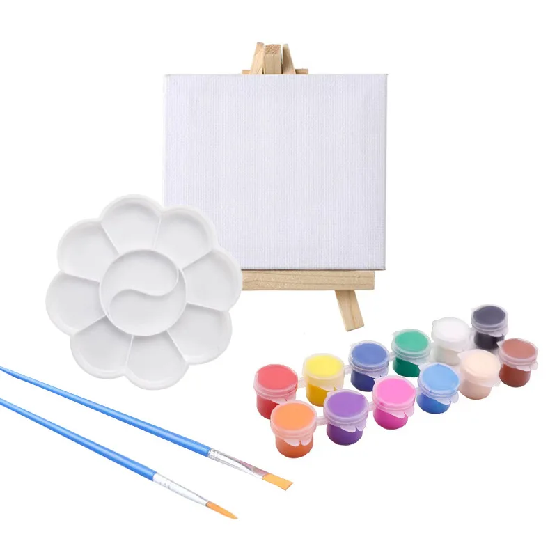 BESTLINE Mini Canvas Painting Set Small Canvas and Easel Includes Acrylic Paint Paintbrush for Kids School