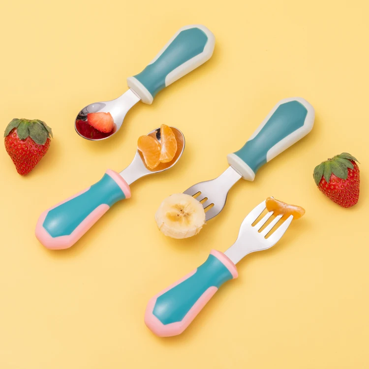Baby feeding fork and spoon silicone spoon and fork set stainless baby bowl silicon spoon