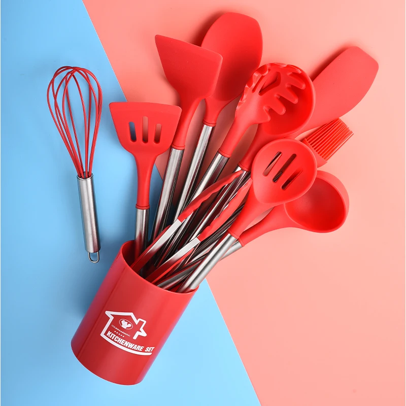 kitchen utensils amazon silicon BPA Free Non Toxic 11 pcs Stainless steel handle set with round