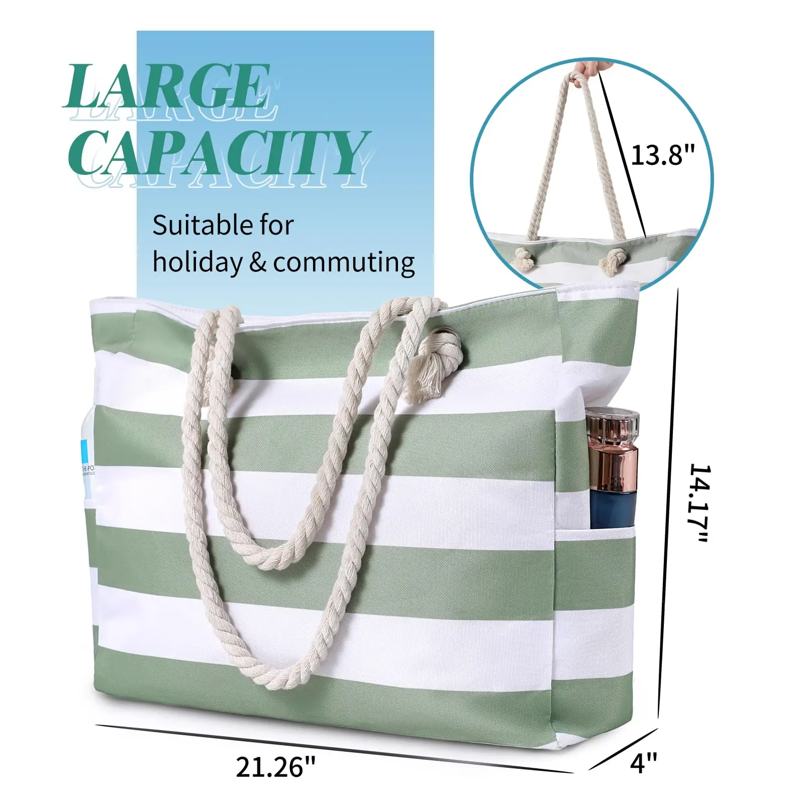 Waterproof Sand proof Beach Large Beach Swim with Zipper Stripe Beach Bag Tote Pool Swim Bag Travel Carry On Gym