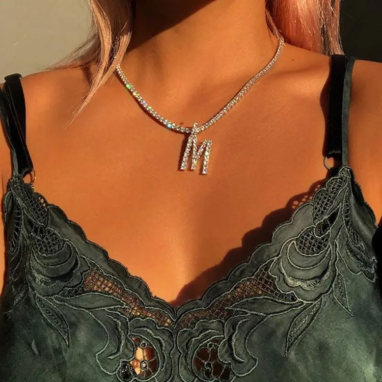 New Trendy Bling 26 Letters Tennis Chain Necklace Sparkling Rhinestone Crystal A-Z Initial Letter Necklace