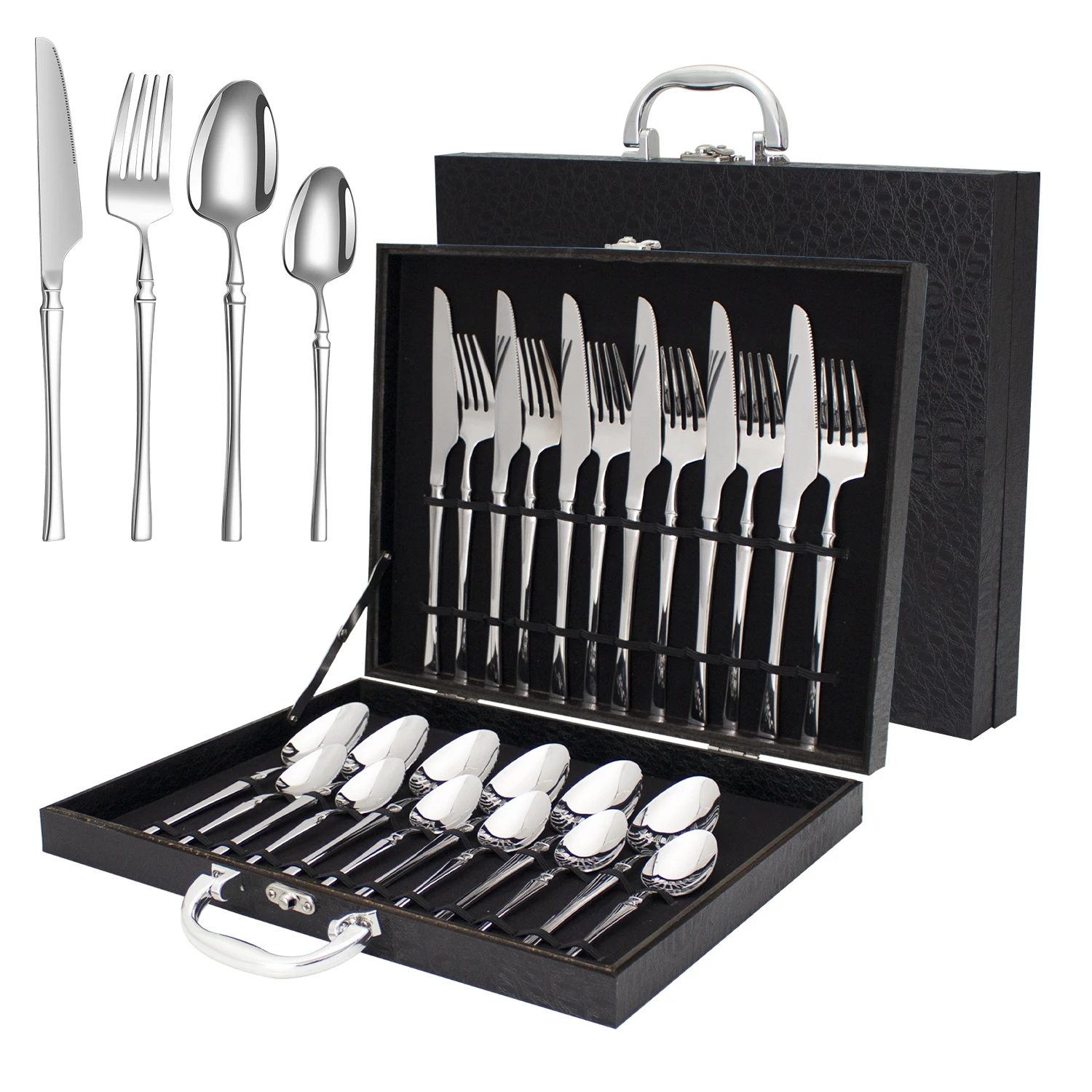 Wholesale small waist design gold flatware set thin handle 24pcs stainless steel cutlery set with black wooden box