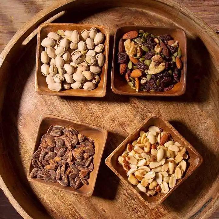 Acacia Wooden Bowls Hand-Carved Calabash Dip Tray Bowl S/4 Ideal for Appetizers, Dips, Sauce, Nuts, Candy, Olives, Seeds