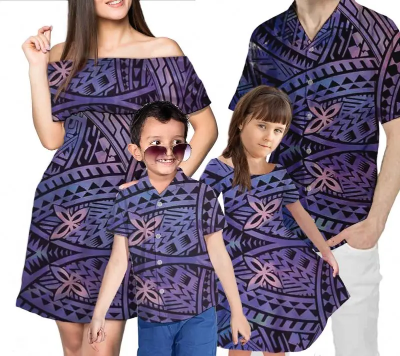 New 4Pcs Set Mom/Daughter Club Dress With Shorts Sleeve Match Dad &Son Shirts Family Matching Clothes Summer Polynesian Print