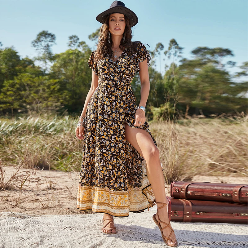 Casual Floral Print Bohemian Dresses Women Sexy A-Line Boho Long Dress Picnic Vacation Sunny Beach Chiffon Maxi Dresses